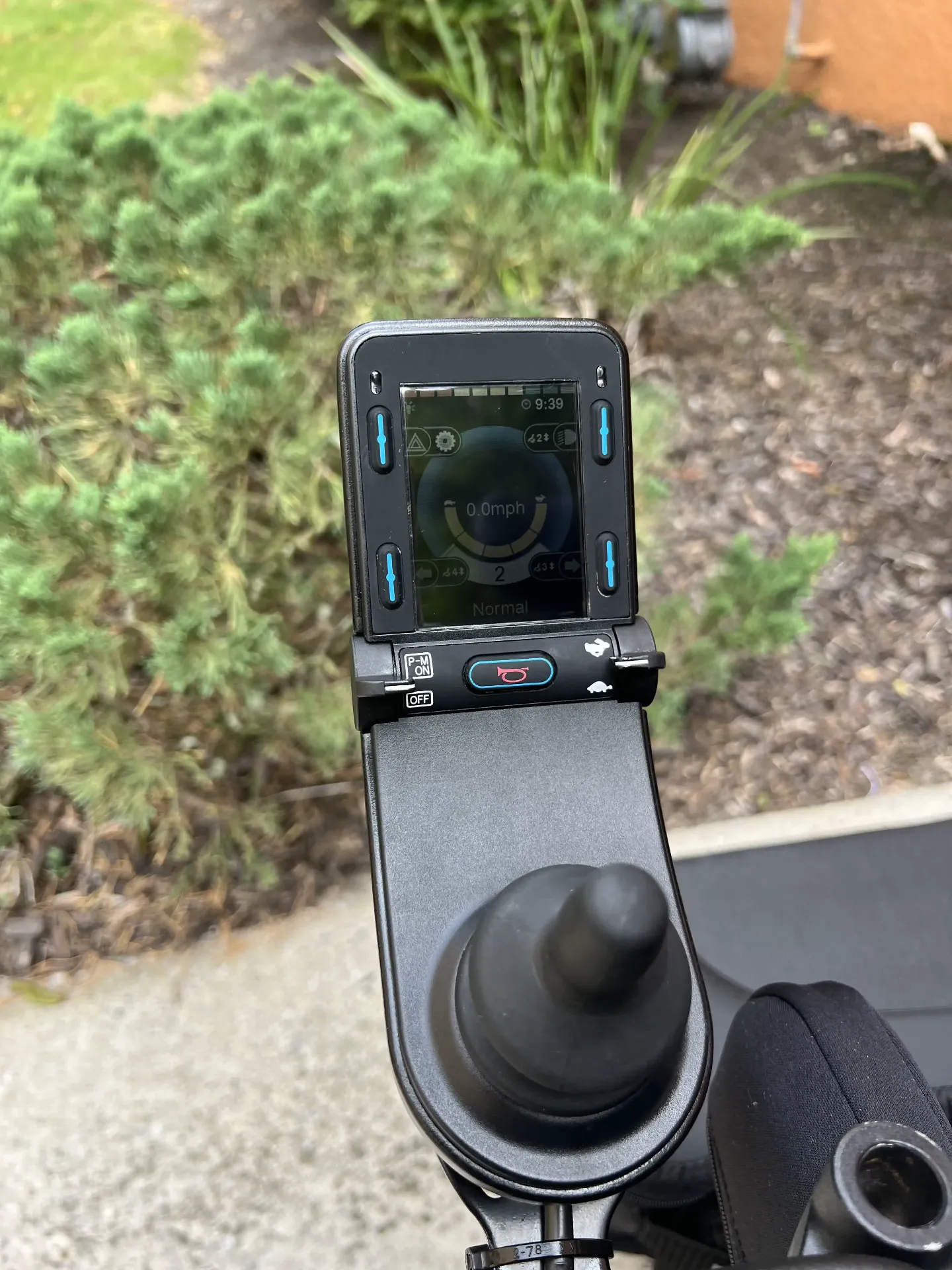 Close-up of Permobil M3 Corpus joystick and display